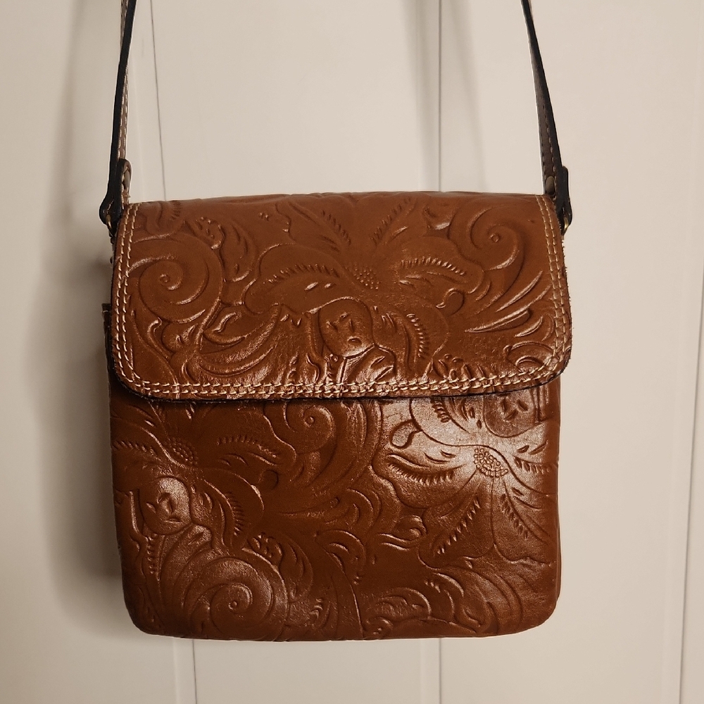 Patricia Nash Full-grain Leather Tooled Floral  Brown  Crossbody Bag